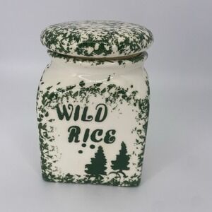 Wild Rice Pottery Canister With Lid Cream Ceramic Green Sponge-ware Unbranded